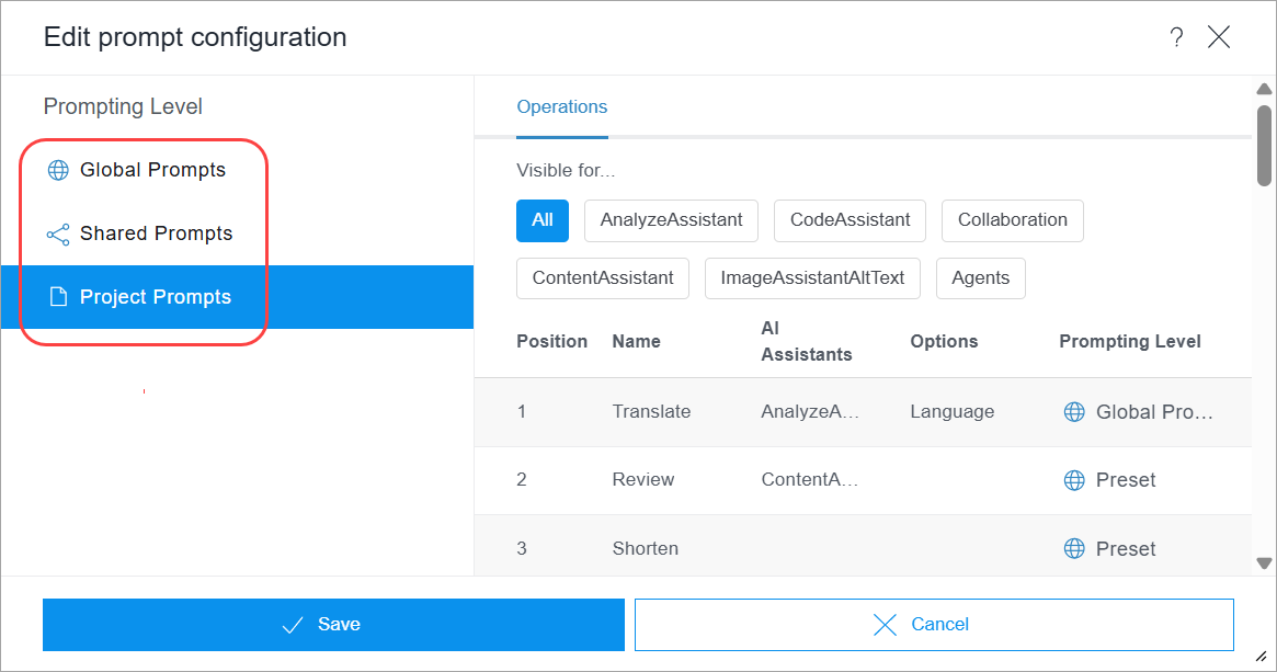 Types of prompts configuration