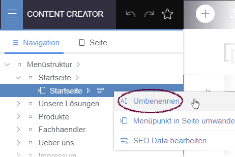 Navigationsleiste: "Umbenennen"