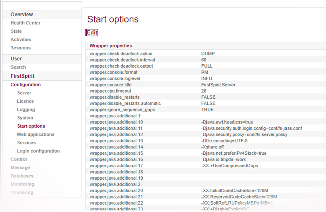Display of the startup options (ServerMonitoring)
