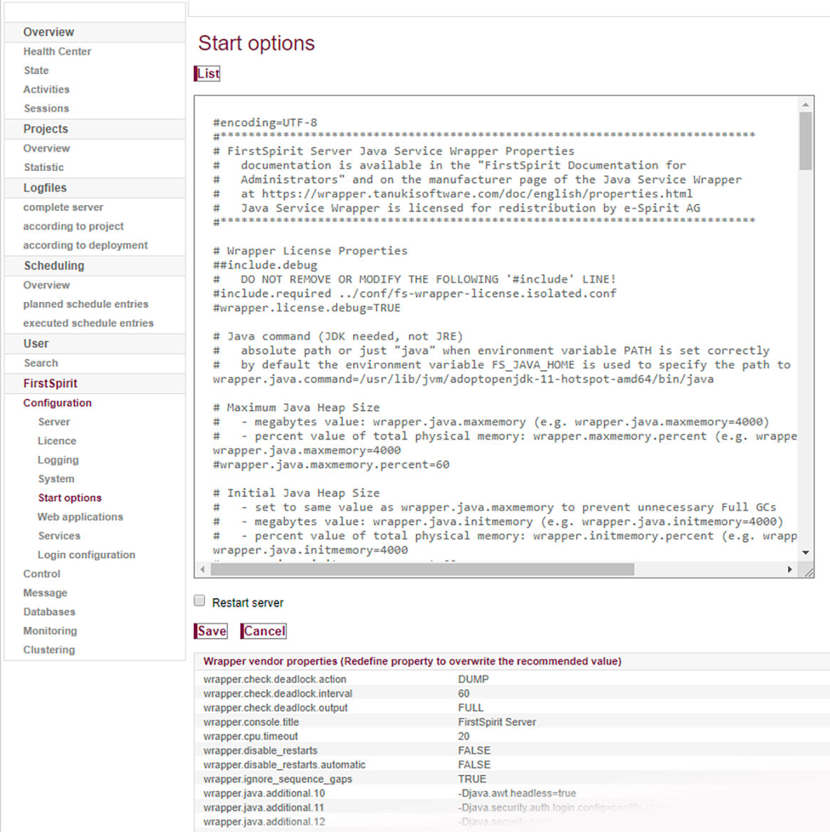 Editing of the startup options (ServerMonitoring)