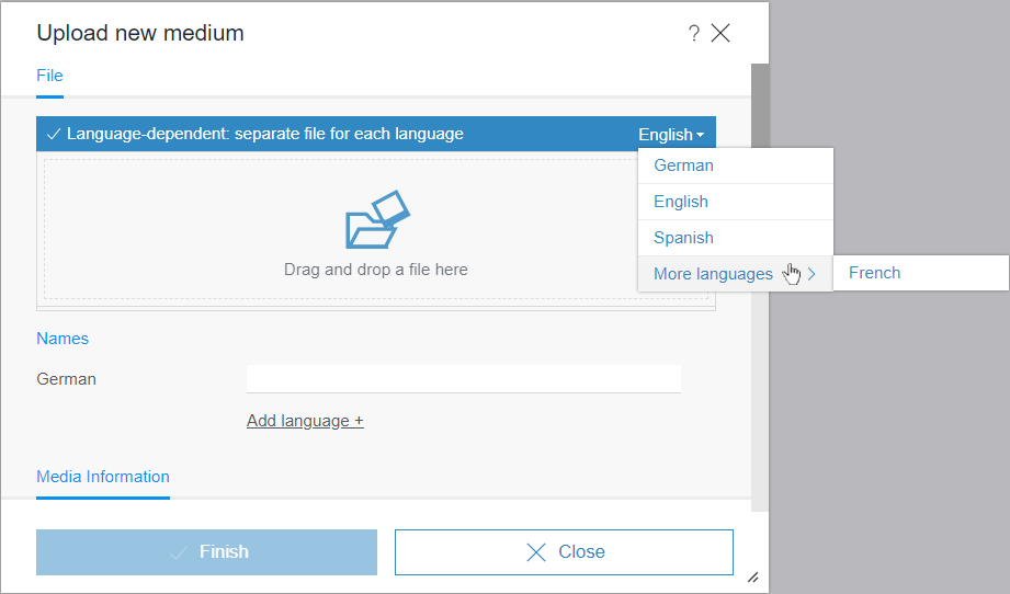Language selection when uploading language-dependent media