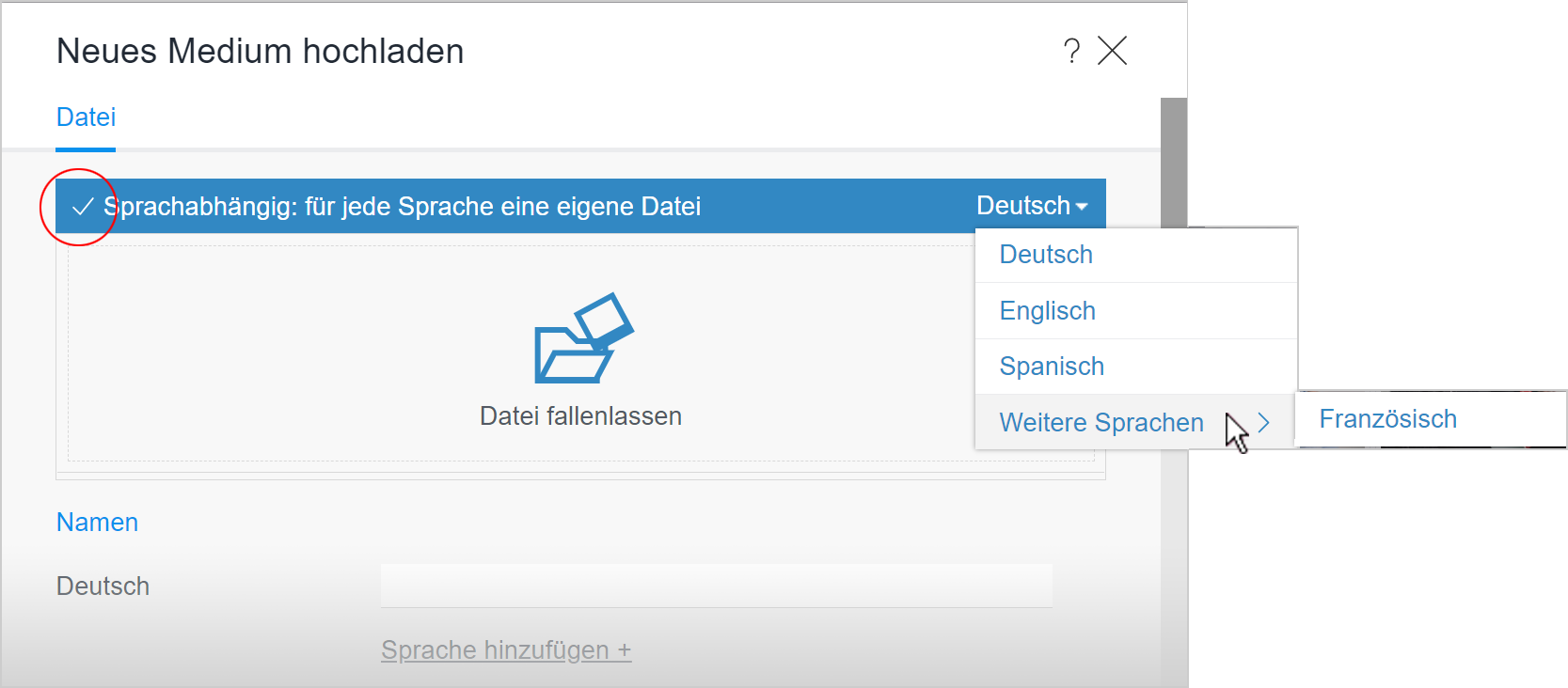 Sprachauswahl beim Upload von sprachabhängigen Medien