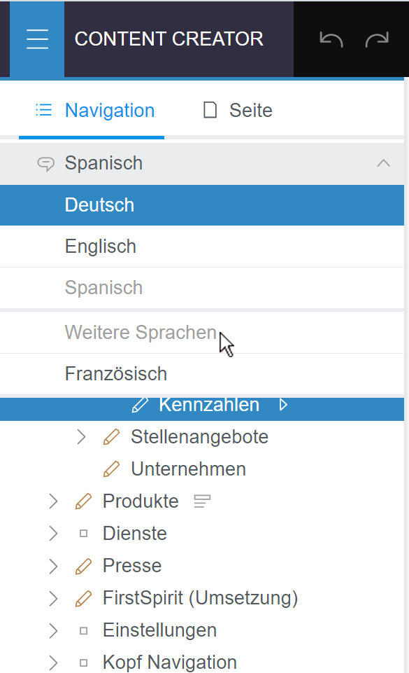 Sprachauswahl in der Navigationsleiste