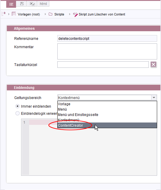 Skript-Vorlage, Menü "Geltungsbereich"