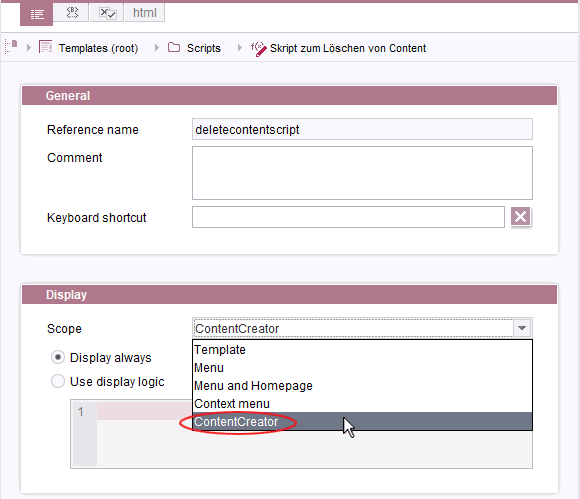 Script template, “Scope” menu