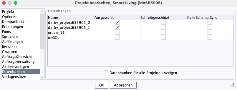 Datenbanken f&uuml;r alle Projekte anzeigen